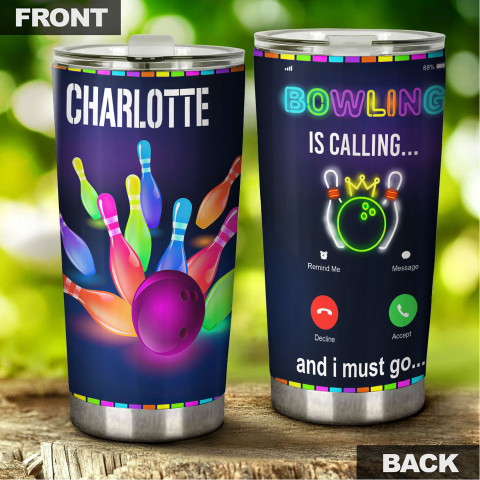Camellia Personalized Neon Bowling Is Calling Stainless Steel Tumbler - Double-Walled Insulation Vacumm Flask - Gift For Bowling Lovers, National Bowling Day 8th August