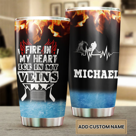 Camellia Personalized Hockey Fire In My Heart Ice In My Veins Stainless Steel Tumbler-Double-Walled Insulation  Cup With Lid Gift For Hockey Player