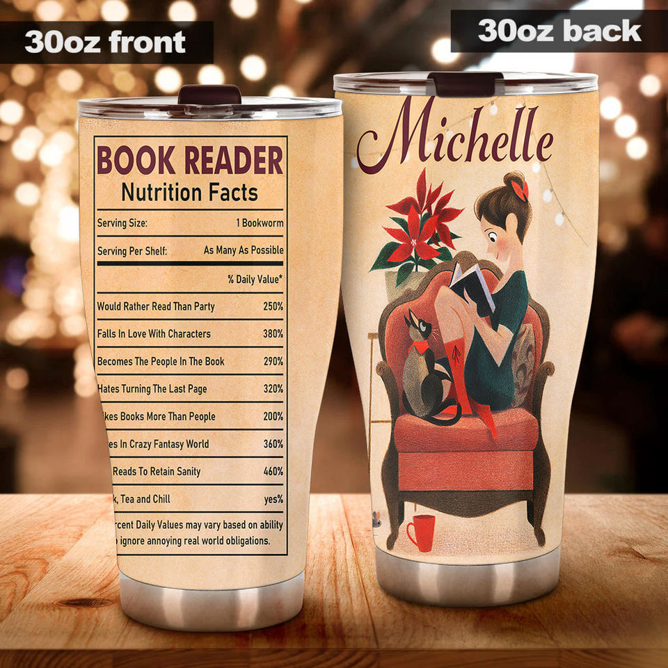 Camellia Personalized Book Reader Nutrition Facts Stainless Steel Tumbler - Double-Walled Insulation Vacumm Flask - Gift For Book Lovers, Nerd, International Book Day