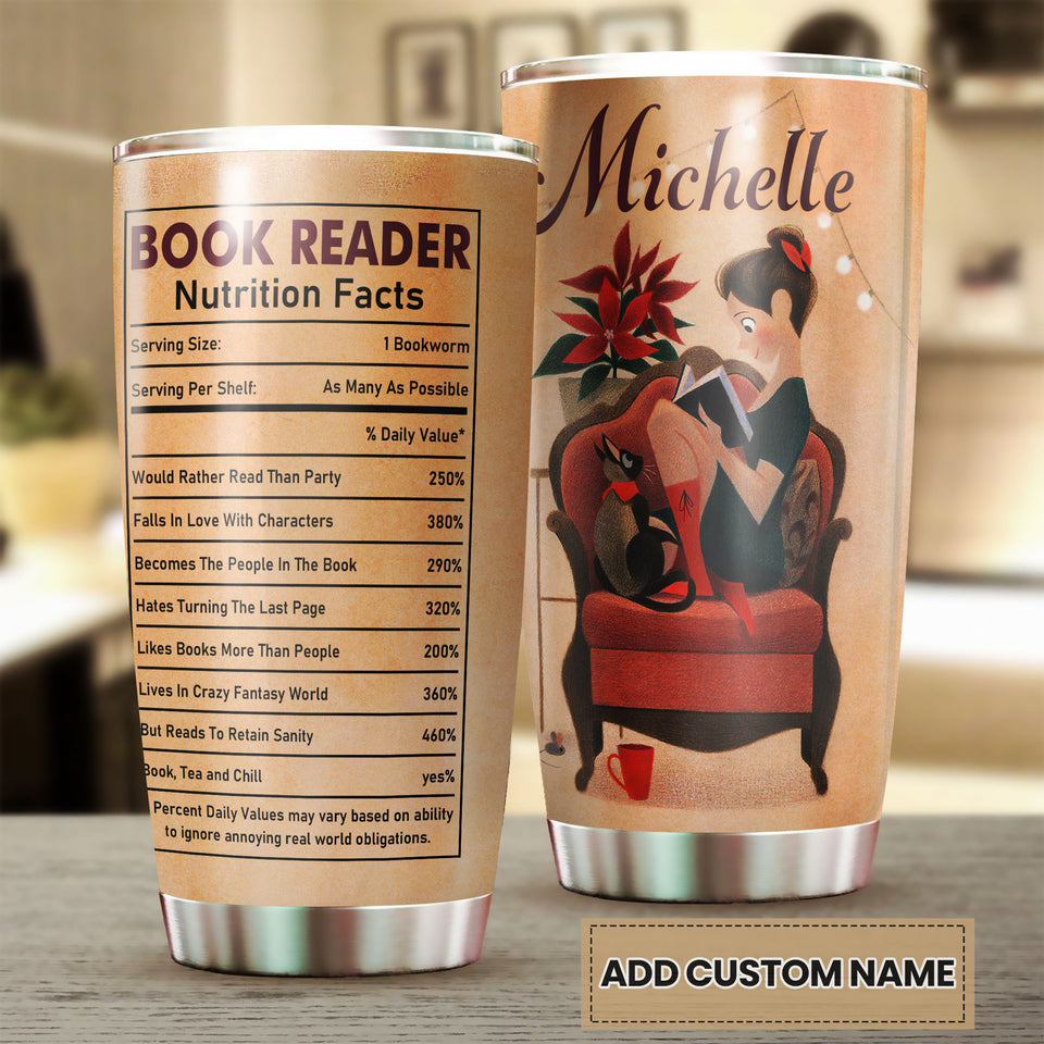Camellia Personalized Book Reader Nutrition Facts Stainless Steel Tumbler - Double-Walled Insulation Vacumm Flask - Gift For Book Lovers, Nerd, International Book Day