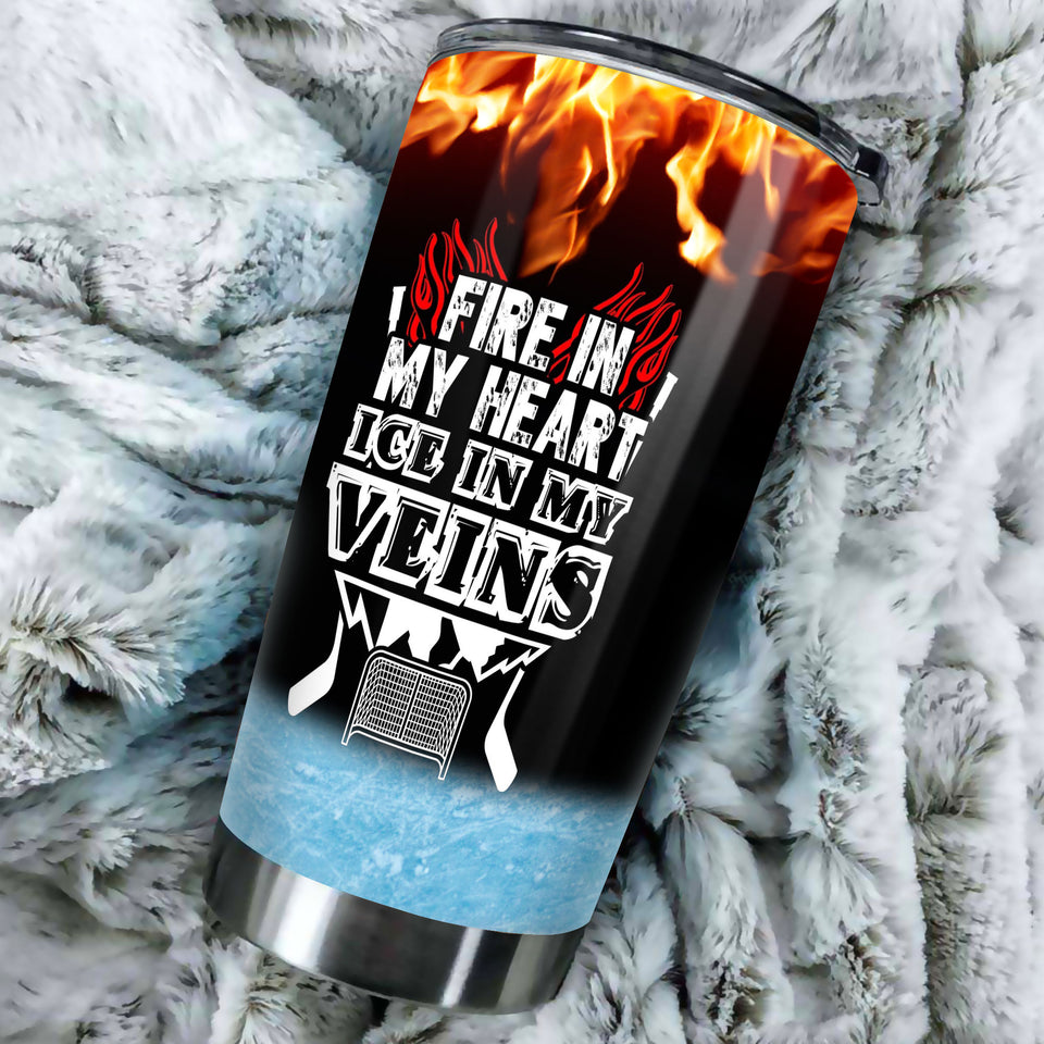 Camellia Personalized Hockey Fire In My Heart Ice In My Veins Stainless Steel Tumbler-Double-Walled Insulation  Cup With Lid Gift For Hockey Player