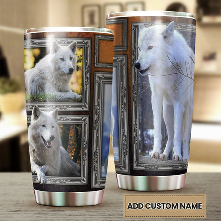Camellia Persionalized 3D White Wolf Picture Stainless Steel Tumbler - Customized Double - Walled Insulation Travel Thermal Cup With Lid Gift For Wolf Lover
