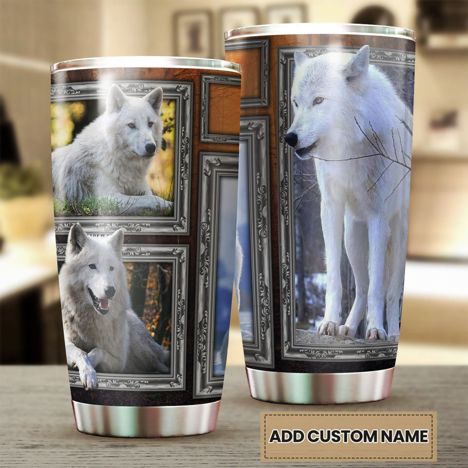 Camellia Persionalized 3D White Wolf Picture Stainless Steel Tumbler - Customized Double - Walled Insulation Travel Thermal Cup With Lid Gift For Wolf Lover