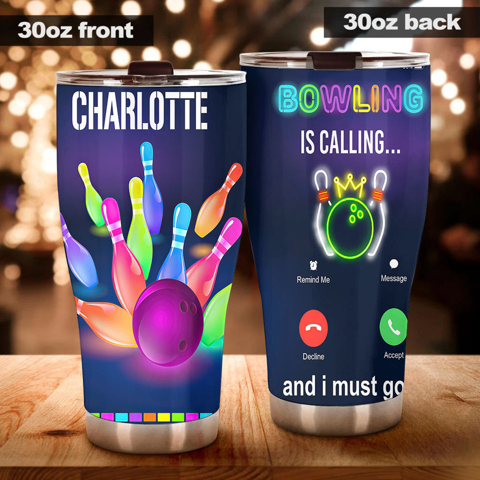 Camellia Personalized Neon Bowling Is Calling Stainless Steel Tumbler - Double-Walled Insulation Vacumm Flask - Gift For Bowling Lovers, National Bowling Day 8th August