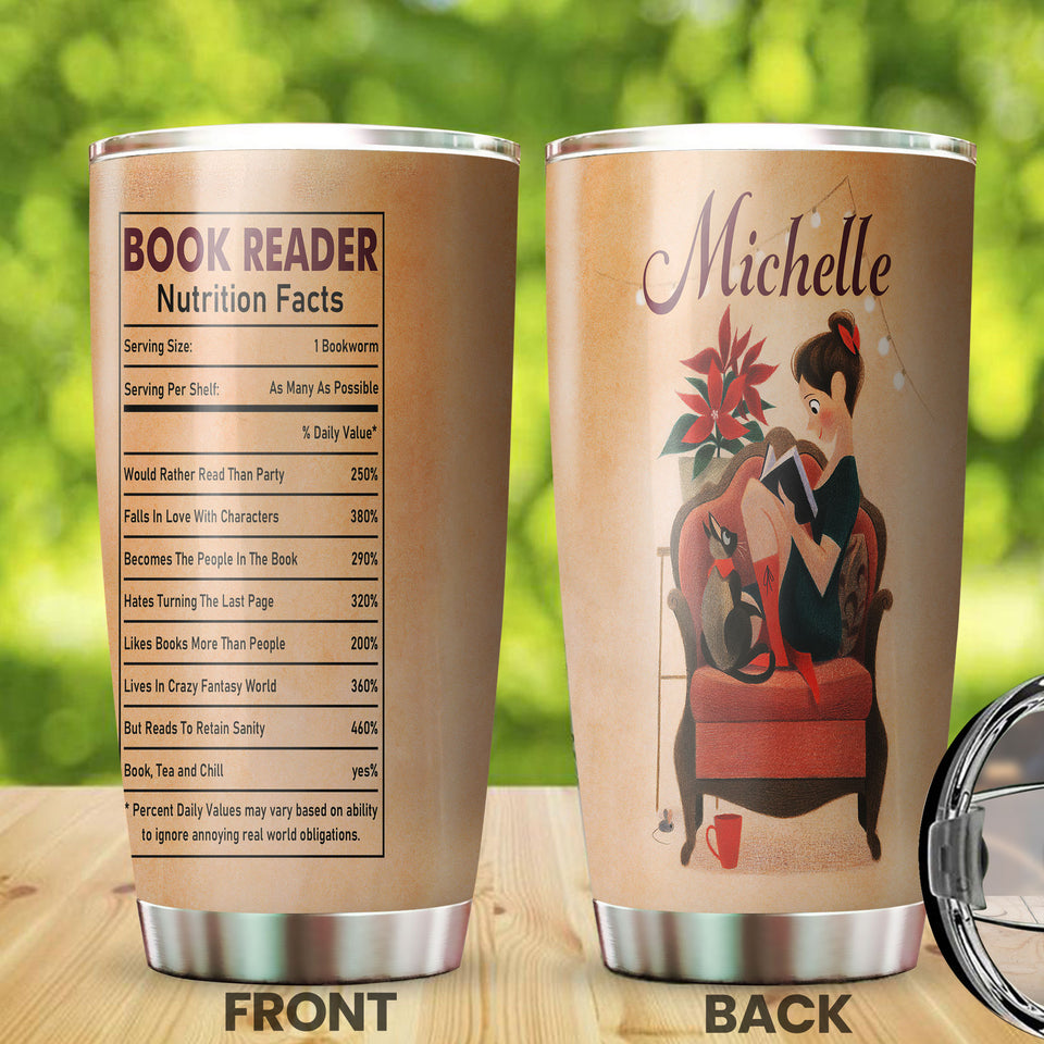 Camellia Personalized Book Reader Nutrition Facts Stainless Steel Tumbler - Double-Walled Insulation Vacumm Flask - Gift For Book Lovers, Nerd, International Book Day