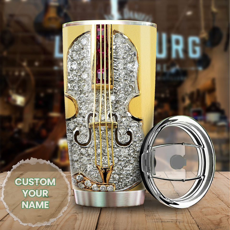 Camellia Personalized Diamond Violin Stainless Steel Tumbler - Customized Double-Walled Insulation Travel Thermal Cup With Lid Gift For Violin Lover
