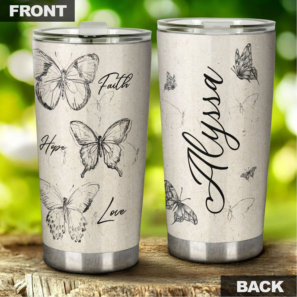 Camellia Personalized Butterfly Faith Hope Love White Stainless Steel Tumbler-Double-Walled Travel Therma Cup With Lid 01