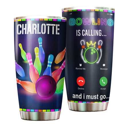Camellia Personalized Neon Bowling Is Calling Stainless Steel Tumbler - Double-Walled Insulation Vacumm Flask - Gift For Bowling Lovers, National Bowling Day 8th August