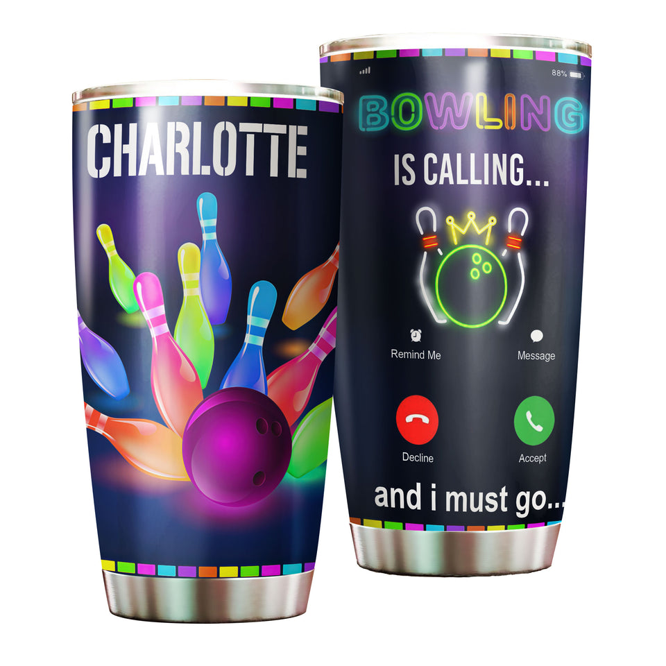 Camellia Personalized Neon Bowling Is Calling Stainless Steel Tumbler - Double-Walled Insulation Vacumm Flask - Gift For Bowling Lovers, National Bowling Day 8th August