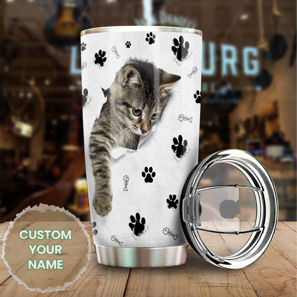 Camellia Personalized Cute Kittie Stainless Steel Tumbler-Double-Walled Insulation Cup With Lid Gift For Cat Lover Mom Cat