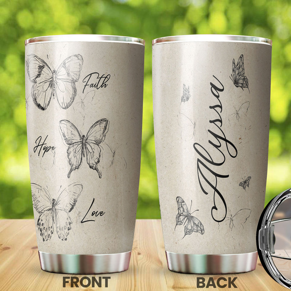 Camellia Personalized Butterfly Faith Hope Love White Stainless Steel Tumbler-Double-Walled Travel Therma Cup With Lid 01