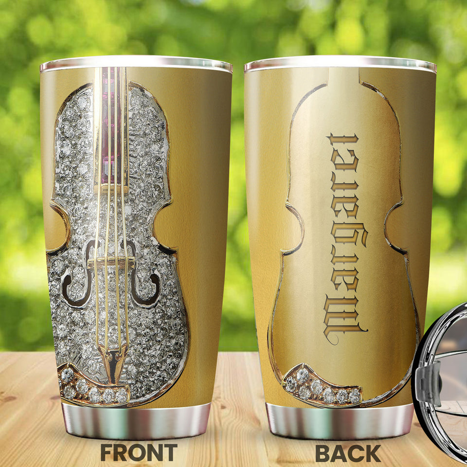 Camellia Personalized Diamond Violin Stainless Steel Tumbler - Customized Double-Walled Insulation Travel Thermal Cup With Lid Gift For Violin Lover