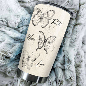 Camellia Personalized Butterfly Faith Hope Love White Stainless Steel Tumbler-Double-Walled Travel Therma Cup With Lid 01