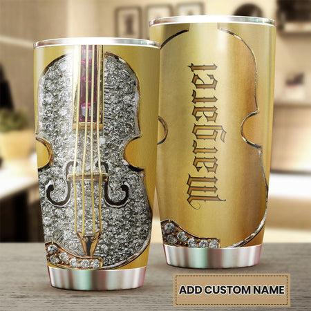 Camellia Personalized Diamond Violin Stainless Steel Tumbler - Customized Double-Walled Insulation Travel Thermal Cup With Lid Gift For Violin Lover