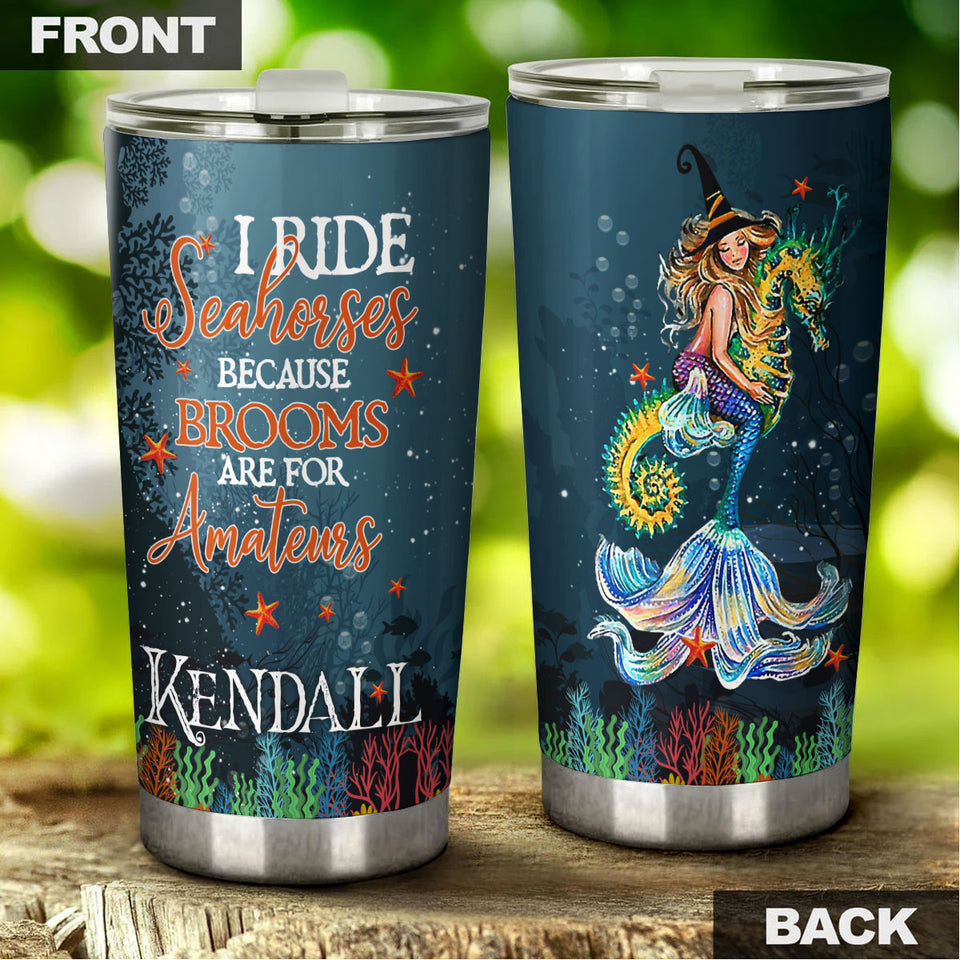 Camellia Persionalized 3D Mermaid Rides Seahorse Stainless Steel Tumbler - Customized Double - Walled Insulation Thermal Cup With Lid