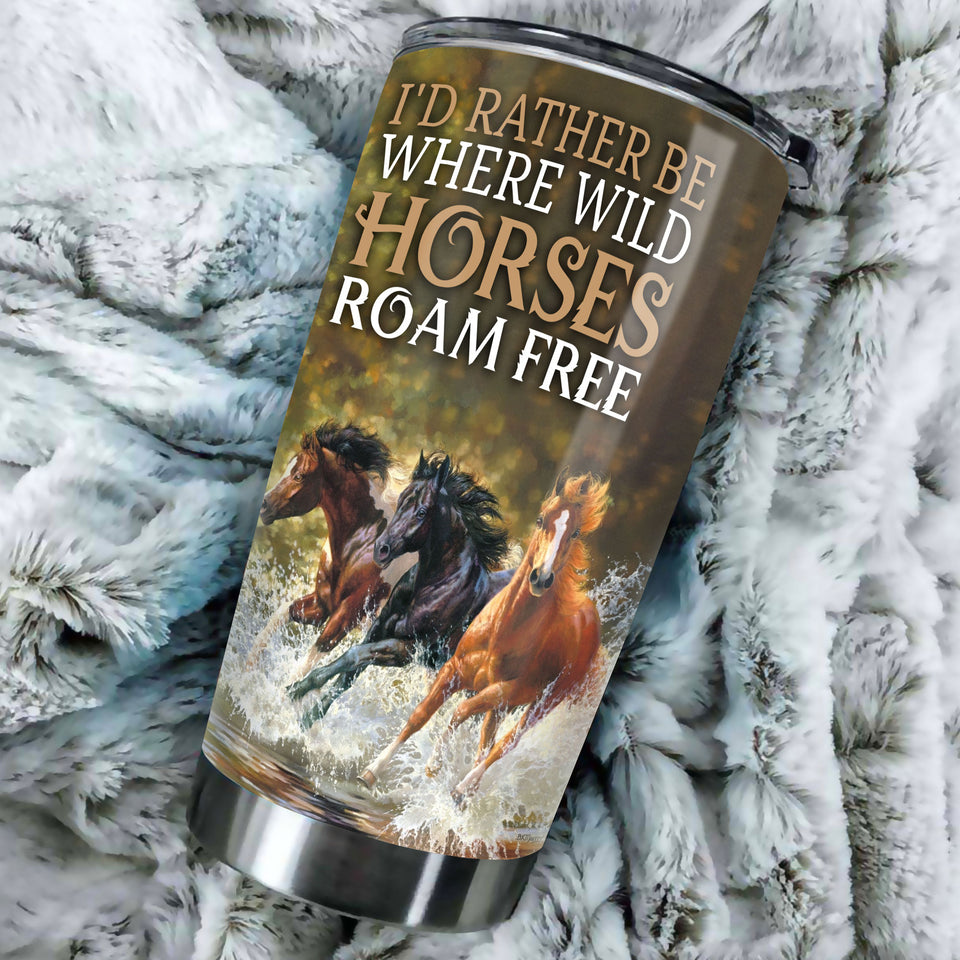 Camellia Personalized Horse Id Rather Where Wild Horses Roam Free Stainless Steel Tumbler - Customized Double-Walled Insulation Travel Thermal Cup With Lid Gift For Horse Rider Cowboy Cowgirl