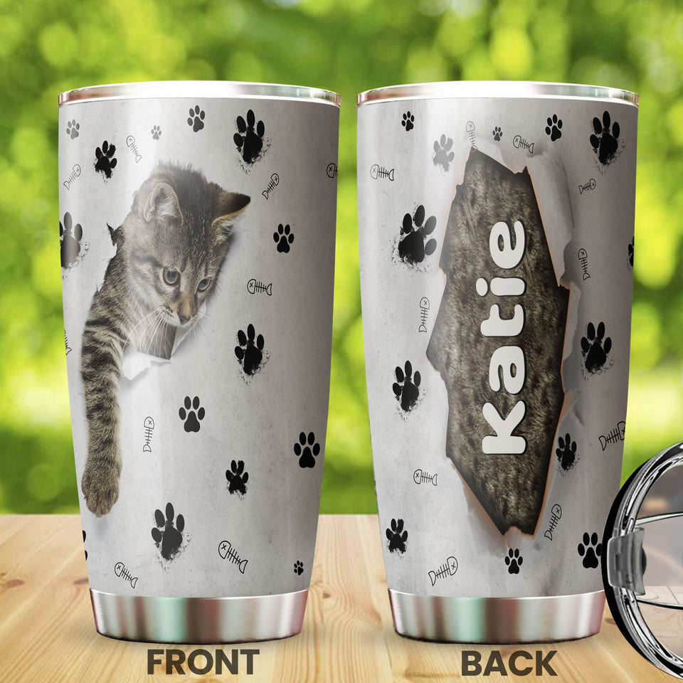 Camellia Personalized Cute Kittie Stainless Steel Tumbler-Double-Walled Insulation Cup With Lid Gift For Cat Lover Mom Cat