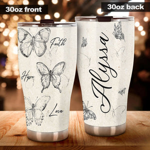 Camellia Personalized Butterfly Faith Hope Love White Stainless Steel Tumbler-Double-Walled Travel Therma Cup With Lid 01