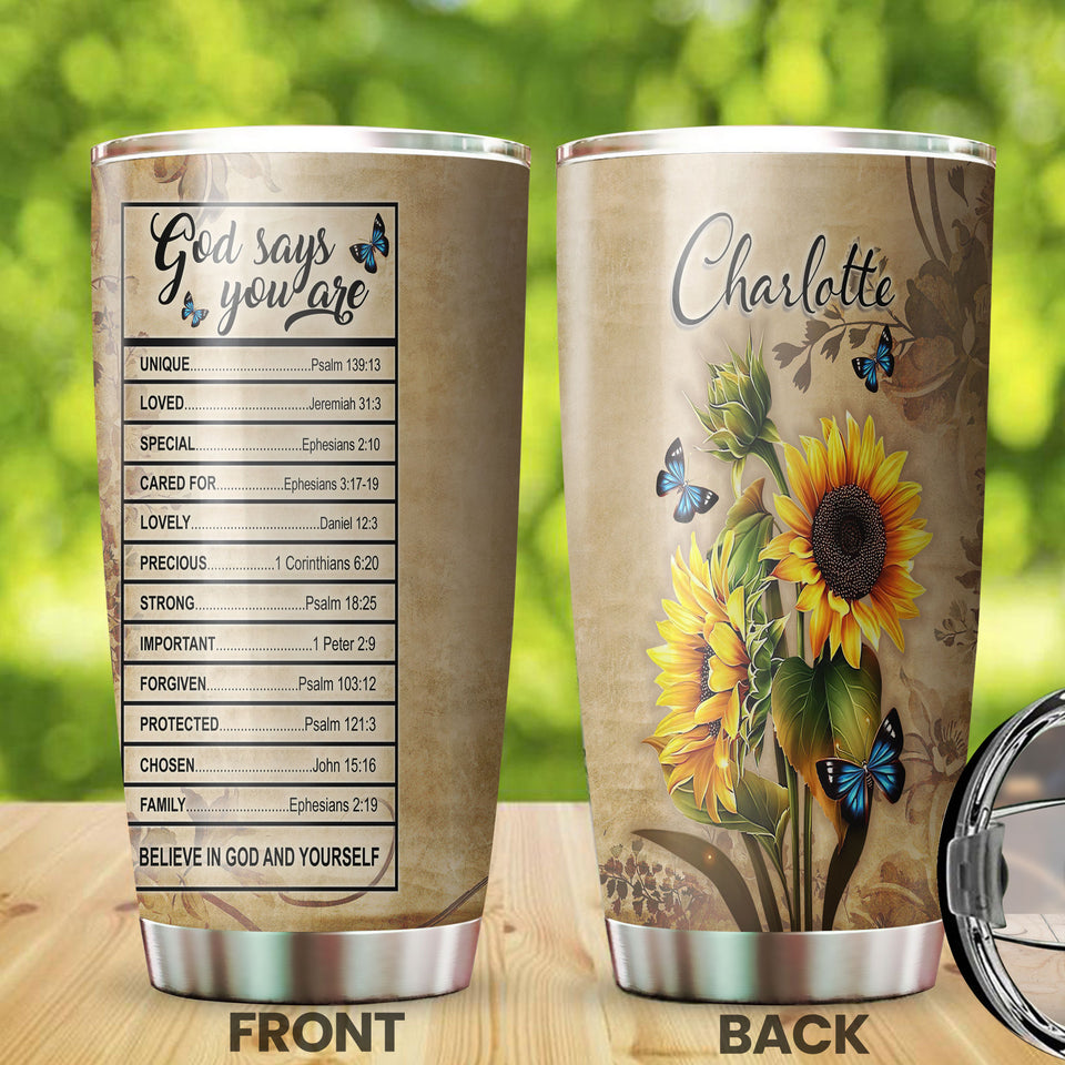 Camellia Personalized Faith God Says You Are Sunflower Stainless Steel Tumbler-Thermal Flask Travel Therma Cup With Lid