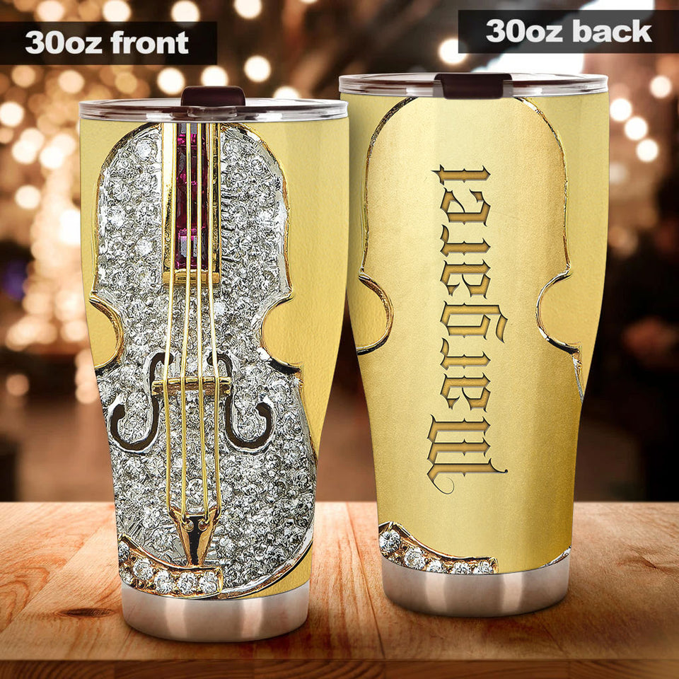 Camellia Personalized Diamond Violin Stainless Steel Tumbler - Customized Double-Walled Insulation Travel Thermal Cup With Lid Gift For Violin Lover
