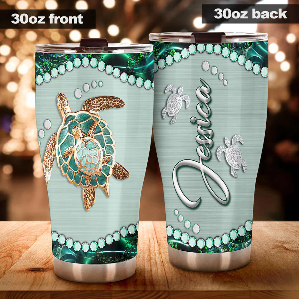 Camellia Personalized Turtle Mom And Baby Stainless Steel Tumbler-Thermal Flask Travel Therma Cup With Lid