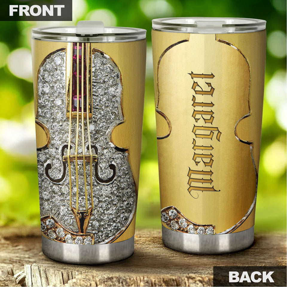 Camellia Personalized Diamond Violin Stainless Steel Tumbler - Customized Double-Walled Insulation Travel Thermal Cup With Lid Gift For Violin Lover