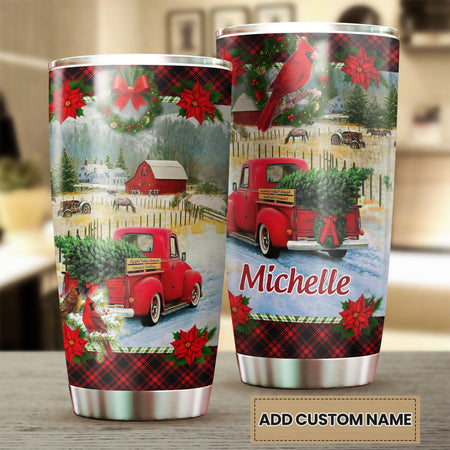Camellia Personalized Vintage Christmas Truck Stainless Steel Tumbler - Customized Double-Walled Insulation Travel Thermal Cup With Lid