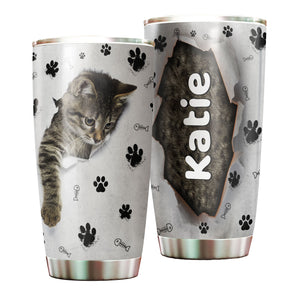 Camellia Personalized Cute Kittie Stainless Steel Tumbler-Double-Walled Insulation Cup With Lid Gift For Cat Lover Mom Cat