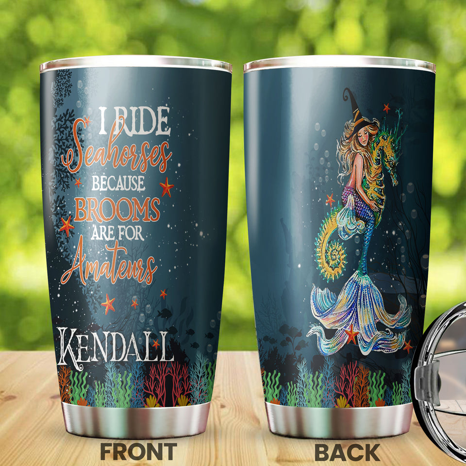 Camellia Persionalized 3D Mermaid Rides Seahorse Stainless Steel Tumbler - Customized Double - Walled Insulation Thermal Cup With Lid