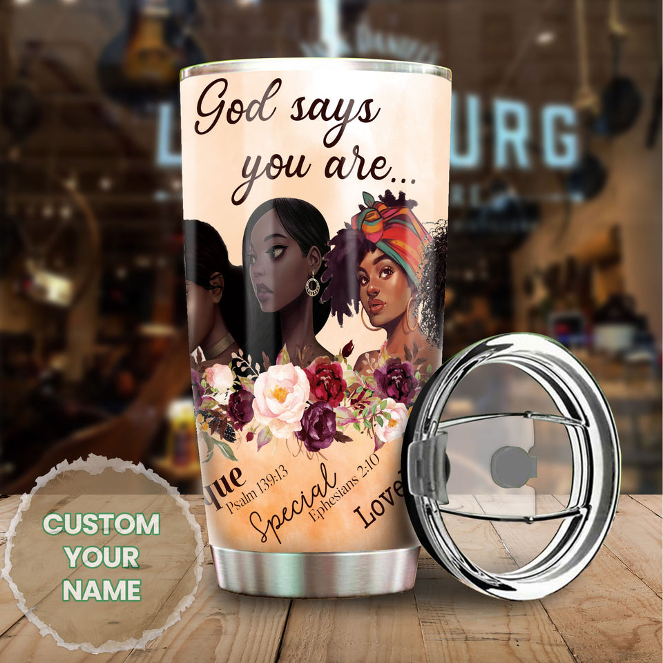 Camellia Personalized Black Women Under God Stainless Steel - Double-Walled Insulation Vacumm Flask - Gift For Black Queen, International Women's Day, Hippie Girls