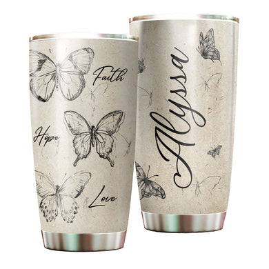 Camellia Personalized Butterfly Faith Hope Love White Stainless Steel Tumbler-Double-Walled Travel Therma Cup With Lid 01