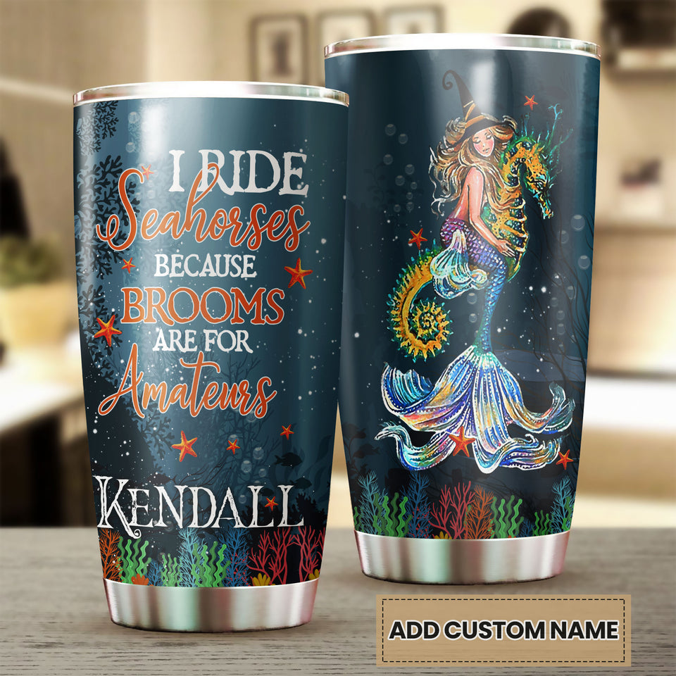 Camellia Persionalized 3D Mermaid Rides Seahorse Stainless Steel Tumbler - Customized Double - Walled Insulation Thermal Cup With Lid