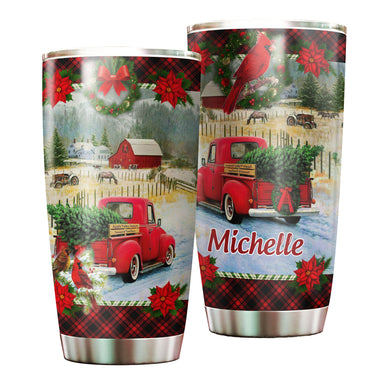 Camellia Personalized Vintage Christmas Truck Stainless Steel Tumbler - Customized Double-Walled Insulation Travel Thermal Cup With Lid