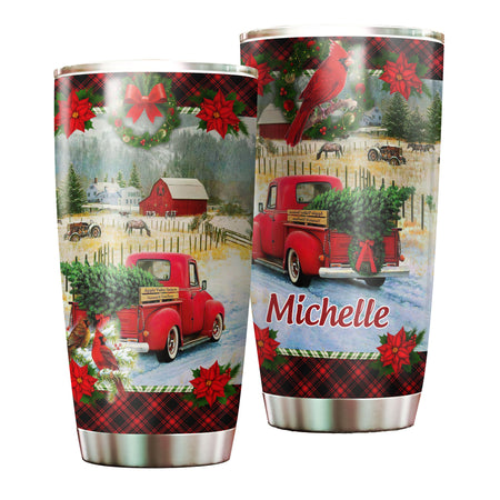 Camellia Personalized Vintage Christmas Truck Stainless Steel Tumbler - Customized Double-Walled Insulation Travel Thermal Cup With Lid