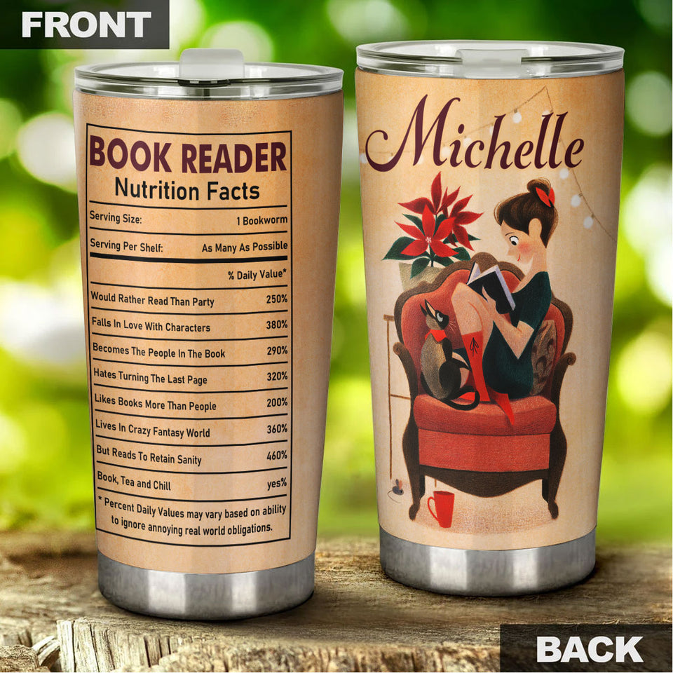 Camellia Personalized Book Reader Nutrition Facts Stainless Steel Tumbler - Double-Walled Insulation Vacumm Flask - Gift For Book Lovers, Nerd, International Book Day