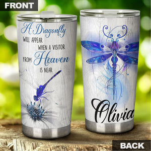 Camellia Personalized A Dragonfly Will Appear When A Visitor From Heaven Is Near Stainless Steel Tumbler - Customized Double-Walled Insulation Travel Thermal Cup With Lid Gift For Dragonfly Lover
