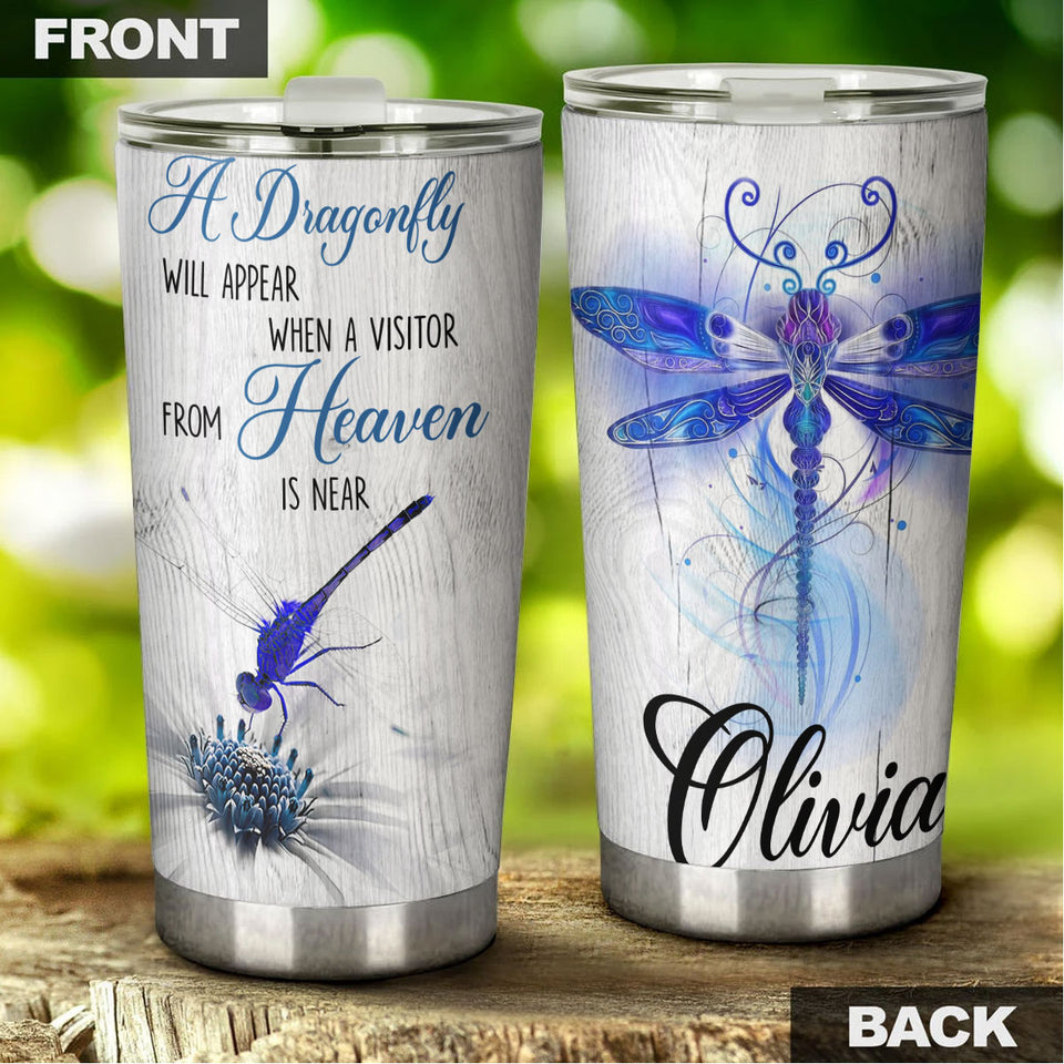 Camellia Personalized A Dragonfly Will Appear When A Visitor From Heaven Is Near Stainless Steel Tumbler - Customized Double-Walled Insulation Travel Thermal Cup With Lid Gift For Dragonfly Lover