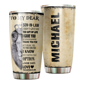 Camellia Personalized Lion Loving Letter From Mom To Son-In-Law Stainless Steel Tumbler-Double-Walled Insulation Travel Cup With Lid