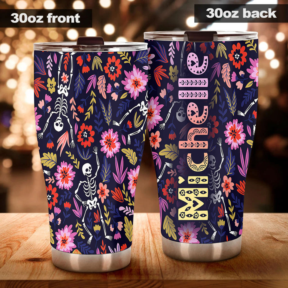 Camellia Personalized Flower Skeleton Stainless Steel Tumbler - Customized Double-Walled Insulation Travel Thermal Cup With Lid