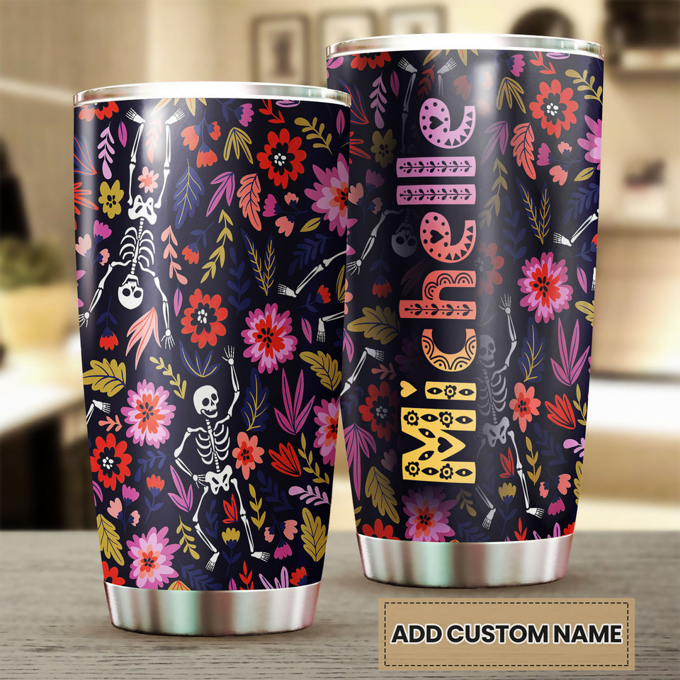 Camellia Personalized Flower Skeleton Stainless Steel Tumbler - Customized Double-Walled Insulation Travel Thermal Cup With Lid