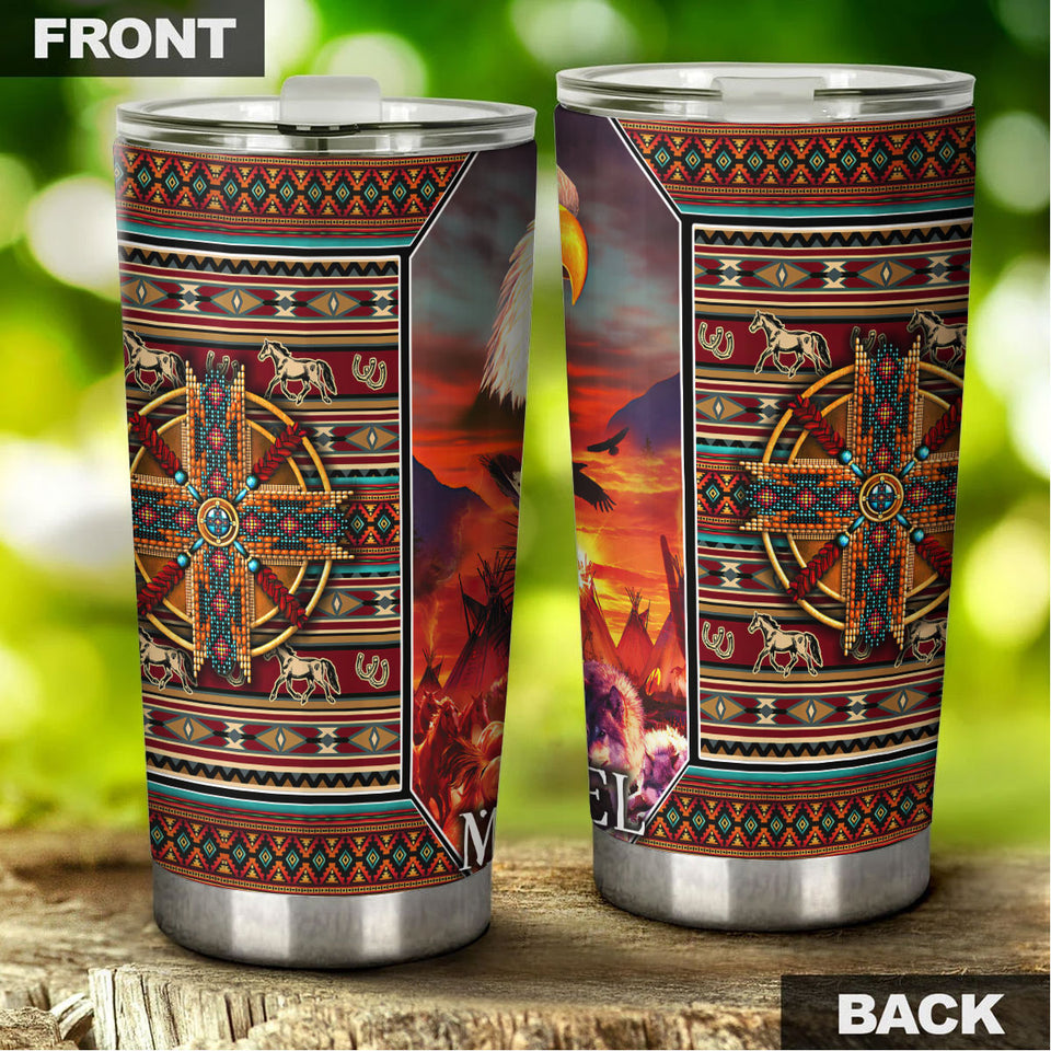 Camellia Personalized Native American Embroidery Stainless Steel Tumbler-Double-Walled Insulation Travel Cup With Lid 01