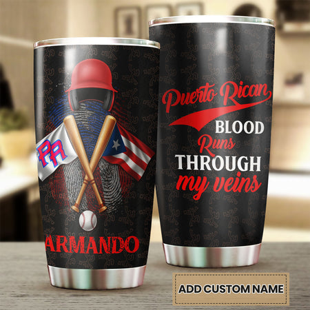 Camellia Persionalized 3D Baseball Puerto Rican Blood Runs Through My Veins Basketball Stainless Steel Tumbler - Customized Double - Walled Insulation Travel Thermal Cup With Lid Gift For Baseball Player