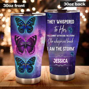 Camellia Personalized Butterfly They Whispered To Her You Can't Withstand The Storm Stainless Steel Tumbler - Double-Walled Insulation Vacumm Flask - For Thanksgiving, Memorial Day, Christians,