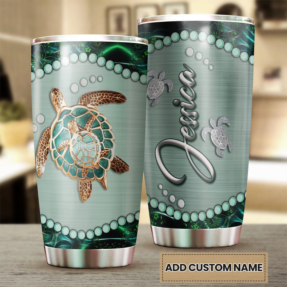 Camellia Personalized Turtle Mom And Baby Stainless Steel Tumbler-Thermal Flask Travel Therma Cup With Lid