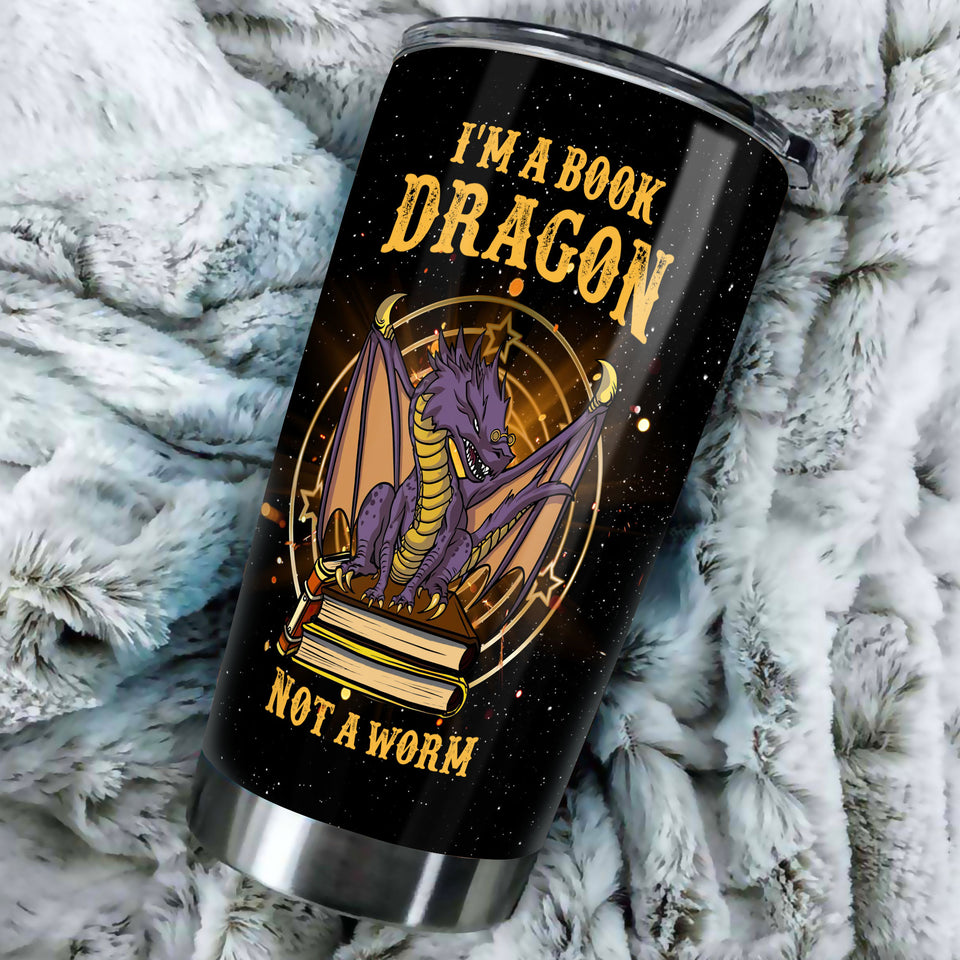 Camellia Personalized I'm A Book Dragon Stainless Steel Tumbler - Double-Walled Insulation Vacumm Flask - Gift For Book Lovers, Nerd, International Book Day