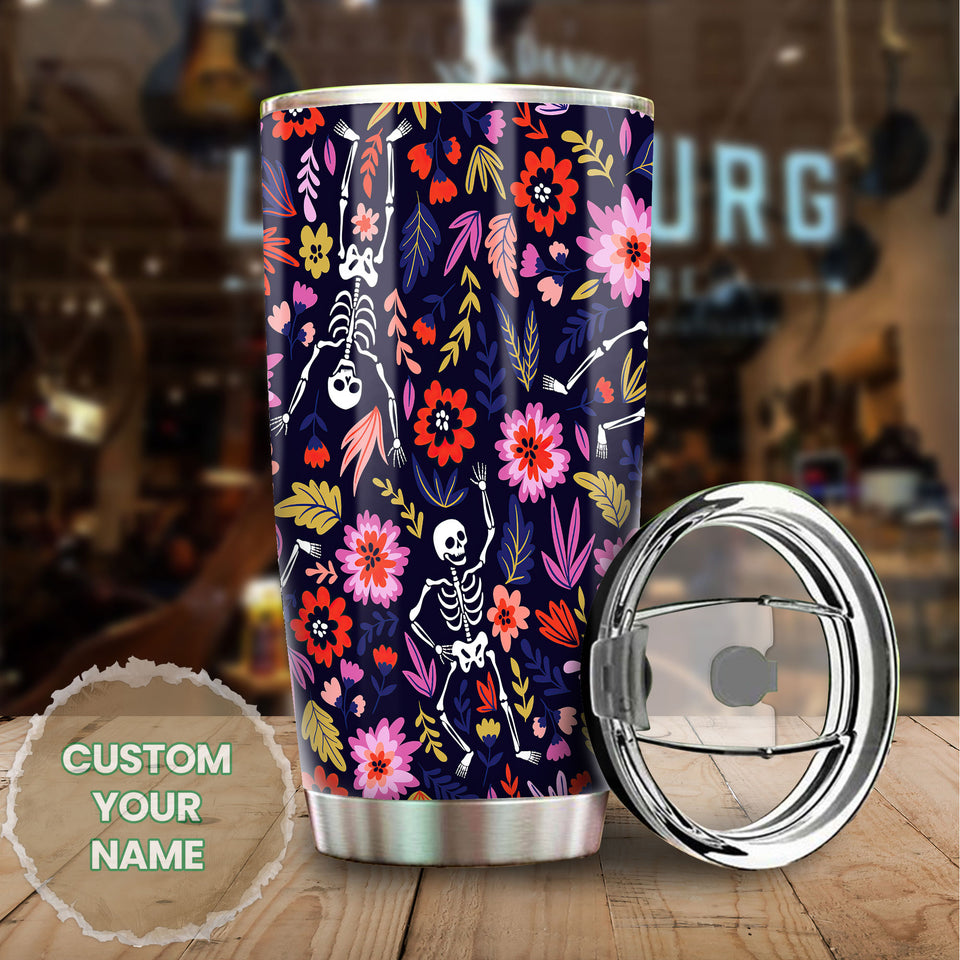 Camellia Personalized Flower Skeleton Stainless Steel Tumbler - Customized Double-Walled Insulation Travel Thermal Cup With Lid