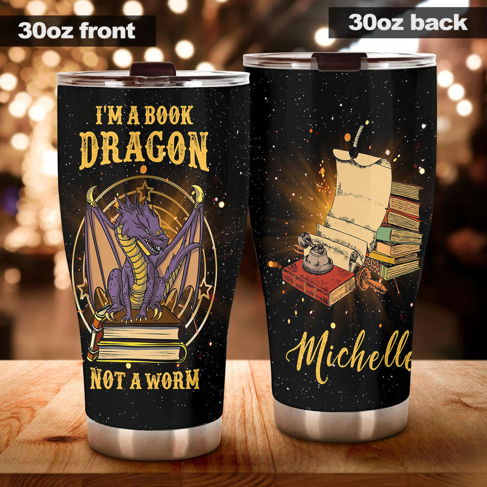 Camellia Personalized I'm A Book Dragon Stainless Steel Tumbler - Double-Walled Insulation Vacumm Flask - Gift For Book Lovers, Nerd, International Book Day