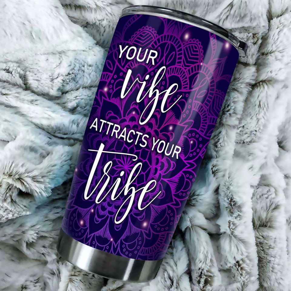Camellia Personalized Mandala Girl Your Vibe Attracts Your Tribe Stainless Steel Tumbler-Sweat-Proof Double Wall Travel Cup With Lid