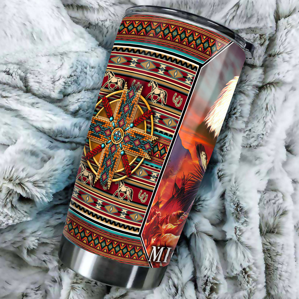 Camellia Personalized Native American Embroidery Stainless Steel Tumbler-Double-Walled Insulation Travel Cup With Lid 01