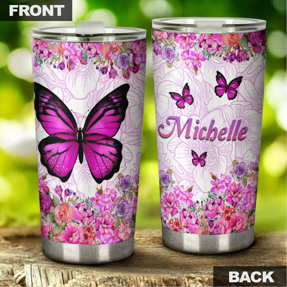 Camellia Personalized Butterfly Flowers Stainless Steel Tumbler - Double-Walled Insulation Vacumm Flask - For Thanksgiving, Memorial Day, Christians, Christmas Gift